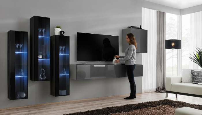 Mueble de salón gris de diseñador, soporte de TV completo, aparador de alto brillo, armario de pared.