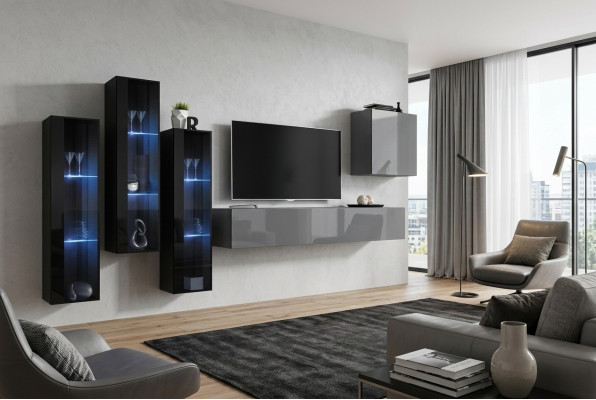 Mueble de salón gris de diseñador, soporte de TV completo, aparador de alto brillo, armario de pared.