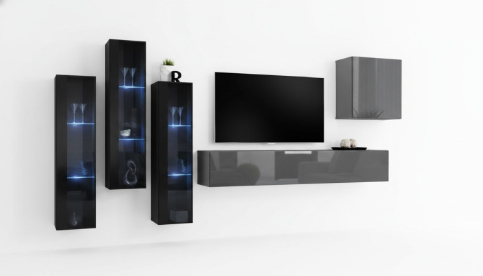 Mueble de salón gris de diseñador, soporte de TV completo, aparador de alto brillo, armario de pared.