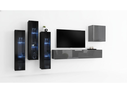 Mueble de salón gris de diseñador, soporte de TV completo, aparador de alto brillo, armario de pared.