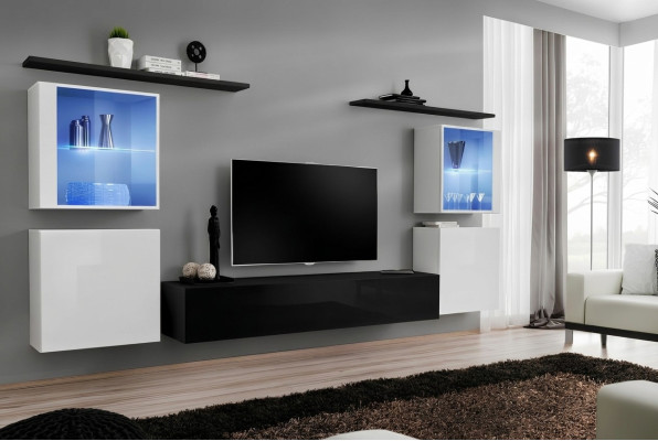 Muebles de madera negra, pared de la sala de estar, estantes de pared, muebles de lujo, armario nuevo.