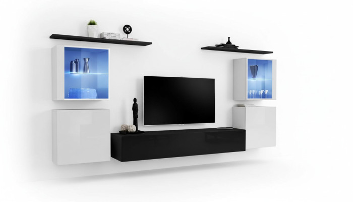 Muebles de madera negra, pared de la sala de estar, estantes de pared, muebles de lujo, armario nuevo.