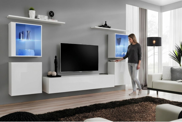 Muebles de salón blanco, mueble de pared, 2 estanterías de pared, conjunto completo de mobiliario de lujo.