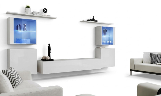 Muebles de salón blanco, mueble de pared, 2 estanterías de pared, conjunto completo de mobiliario de lujo.