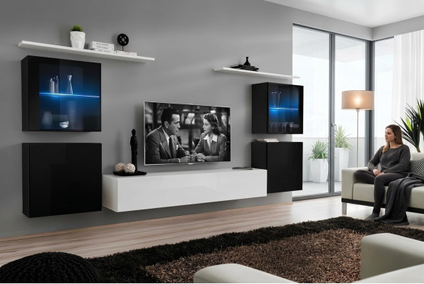 Mueble de salón blanco, estanterías de pared, soporte para TV, aparador completo de alto brillo.