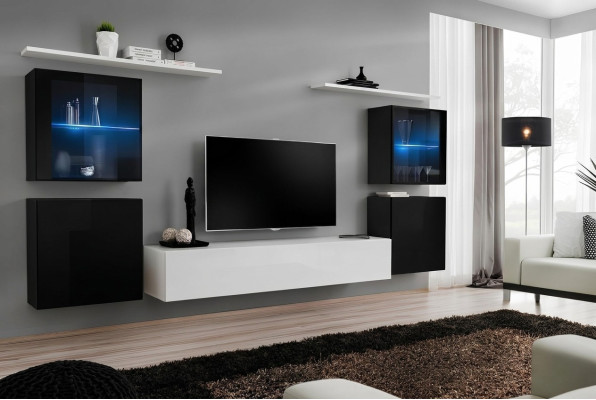 Mueble de salón blanco, estanterías de pared, soporte para TV, aparador completo de alto brillo.