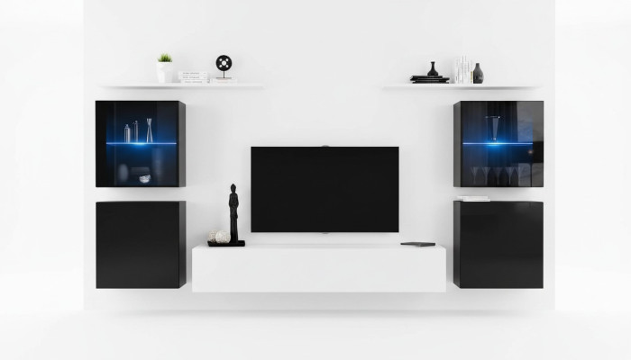 Mueble de salón blanco, estanterías de pared, soporte para TV, aparador completo de alto brillo.