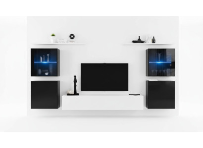 Mueble de salón blanco, estanterías de pared, soporte para TV, aparador completo de alto brillo.