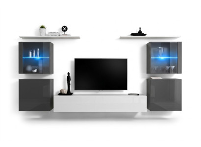 Mueble de salón blanco de alto brillo, armario de pared de diseño, estanterías de pared de madera, muebles de lujo.