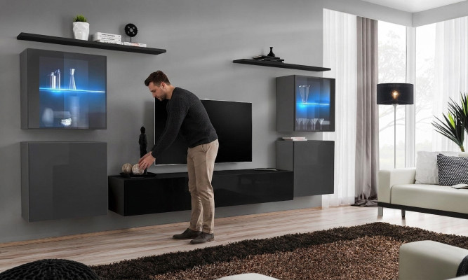 Mueble de pared moderno para sala de estar, estantes de pared, cómoda, soporte de TV, set de diseñador de 7 piezas.