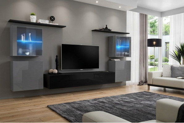 Mueble de pared moderno para sala de estar, estantes de pared, cómoda, soporte de TV, set de diseñador de 7 piezas.