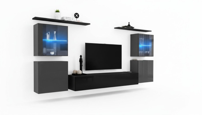 Mueble de pared moderno para sala de estar, estantes de pared, cómoda, soporte de TV, set de diseñador de 7 piezas.