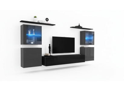 Mueble de pared moderno para sala de estar, estantes de pared, cómoda, soporte de TV, set de diseñador de 7 piezas.