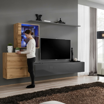 Conjunto completo de estantería de pared diseñada, muebles de lujo para la sala de estar en madera.
