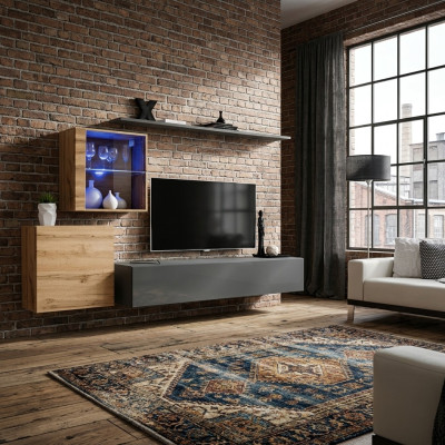 Conjunto completo de estantería de pared diseñada, muebles de lujo para la sala de estar en madera.