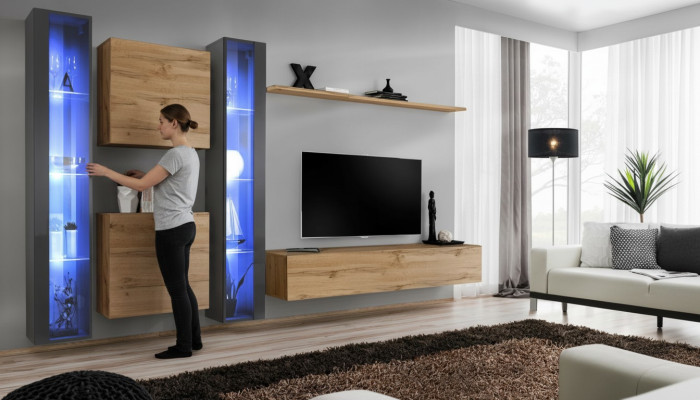 Set de pared completo Marrón con vitrina colgante, mueble de pared, mobiliario de diseño moderno.