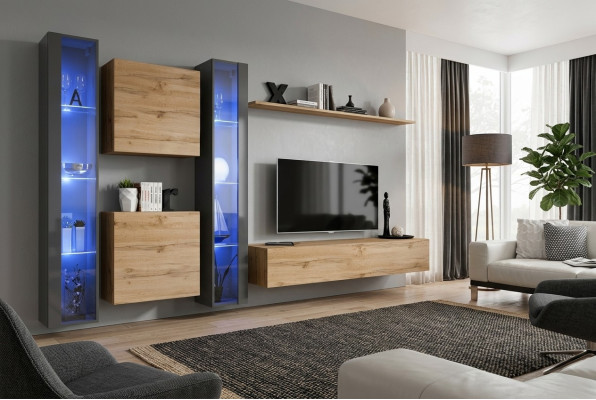 Set de pared completo Marrón con vitrina colgante, mueble de pared, mobiliario de diseño moderno.
