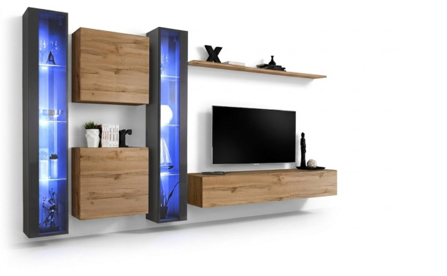 Set de pared completo Marrón con vitrina colgante, mueble de pared, mobiliario de diseño moderno.