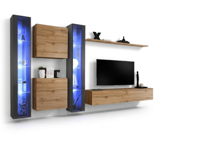 Set de pared completo Marrón con vitrina colgante, mueble de pared, mobiliario de diseño moderno.