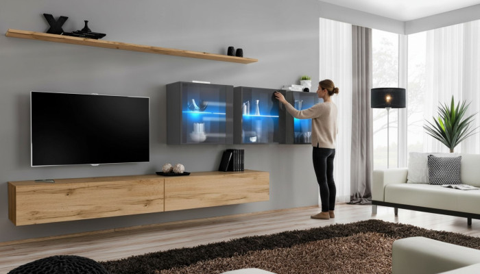 Conjunto de muebles para el salón de 7 piezas completo de 340 cm de largo, soporte de TV, cómoda, armario de pared, mobiliario de lujo.