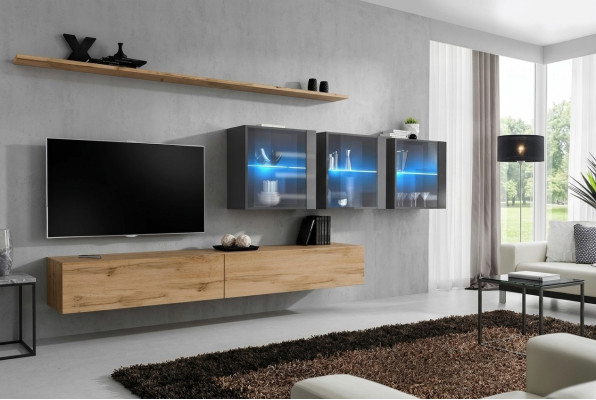 Conjunto de muebles para el salón de 7 piezas completo de 340 cm de largo, soporte de TV, cómoda, armario de pared, mobiliario de lujo.