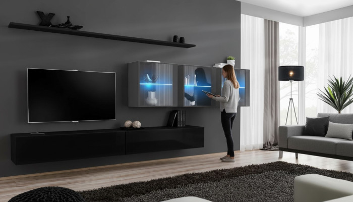 Mueble de pared Set de 7 piezas, moderno, muebles de sala de estar, soporte de TV, diseño de estante de pared completo.