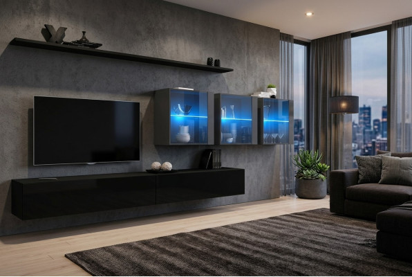 Mueble de pared Set de 7 piezas, moderno, muebles de sala de estar, soporte de TV, diseño de estante de pared completo.