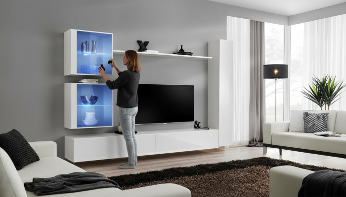 Mueble de pared blanco de lujo, mueble completo, buffet, soporte de TV, diseño moderno.