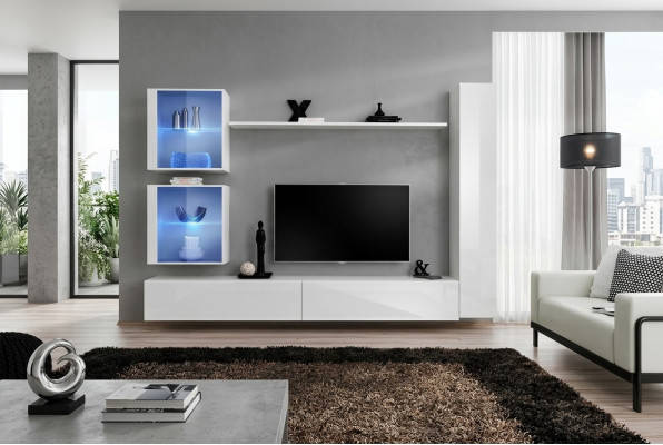 Mueble de pared blanco de lujo, mueble completo, buffet, soporte de TV, diseño moderno.