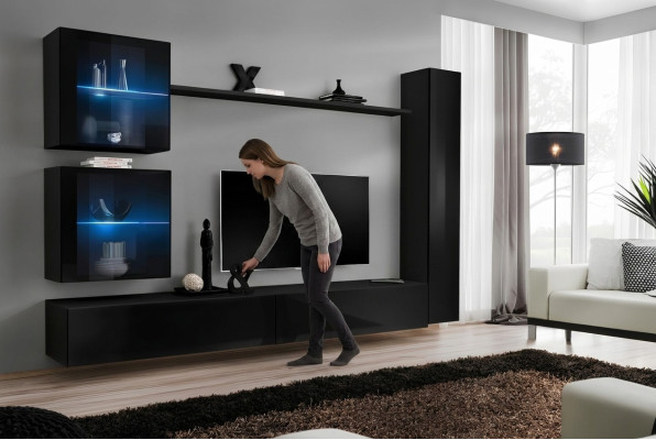 Mueble de salón completo en negro, moderno y de diseño, con soporte para TV.