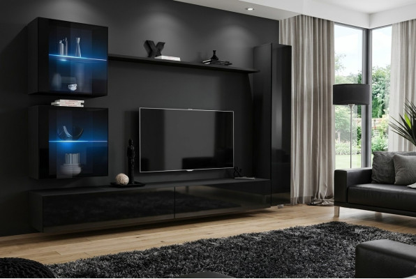 Mueble de salón completo en negro, moderno y de diseño, con soporte para TV.