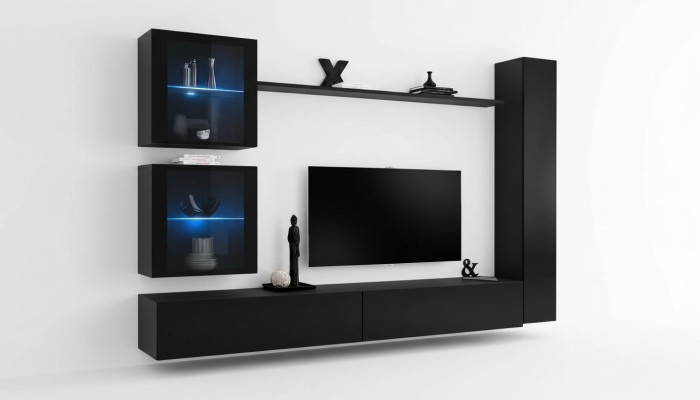 Mueble de salón completo en negro, moderno y de diseño, con soporte para TV.