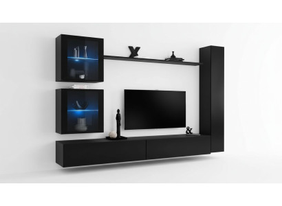 Mueble de salón completo en negro, moderno y de diseño, con soporte para TV.