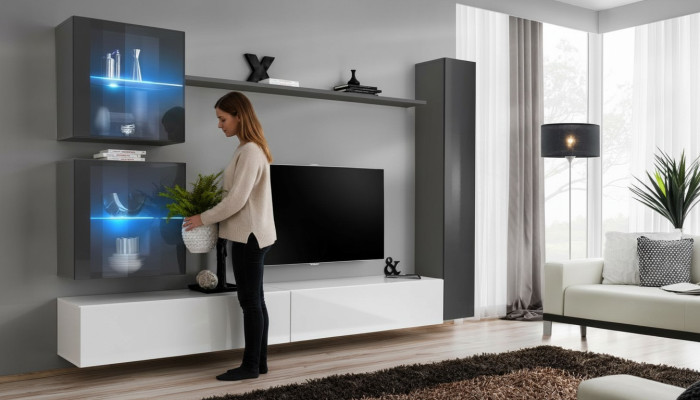 Mueble de salón de diseño moderno con soporte de TV en gris, muebles de sala de estar, aparador.