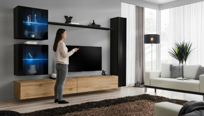 Lujo Negro 3x Armario de Pared Mueble de TV Soporte de TV Diseño Moderno Conjunto 6 piezas Nuevo
