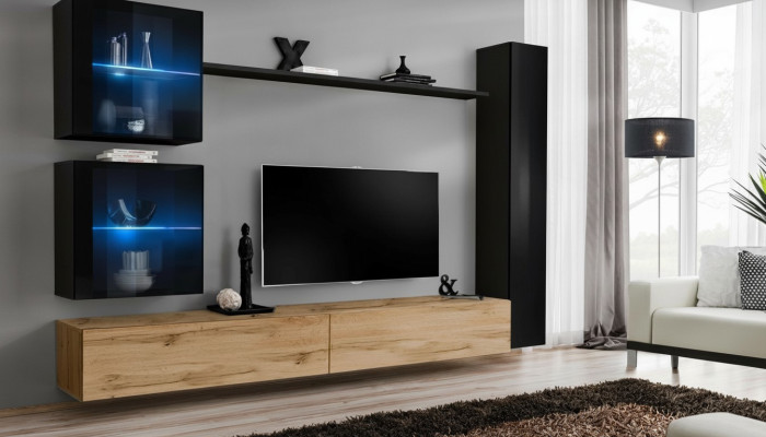 Lujo Negro 3x Armario de Pared Mueble de TV Soporte de TV Diseño Moderno Conjunto 6 piezas Nuevo