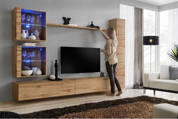 Mueble de pared marrón. Armario colgante. Soporte de TV de diseñador. Estantería moderna.