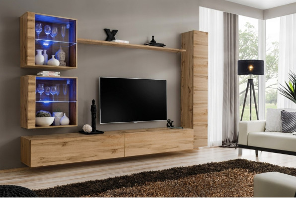 Mueble de pared marrón. Armario colgante. Soporte de TV de diseñador. Estantería moderna.