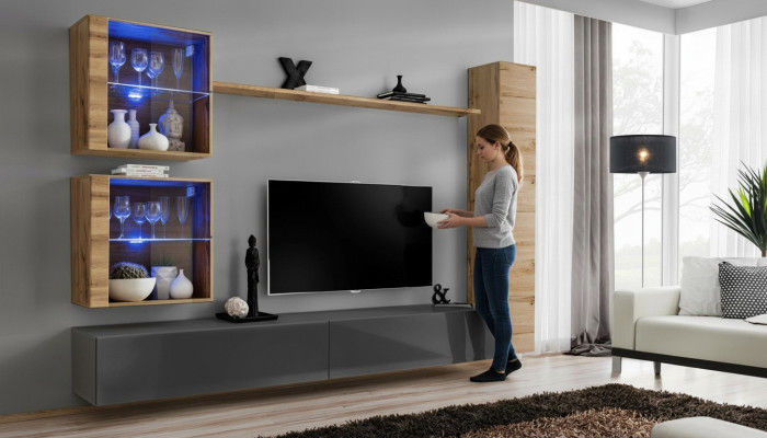 Muebles de lujo para sala de estar en color marrón, compuestos por 3 armarios de pared y un soporte para TV.