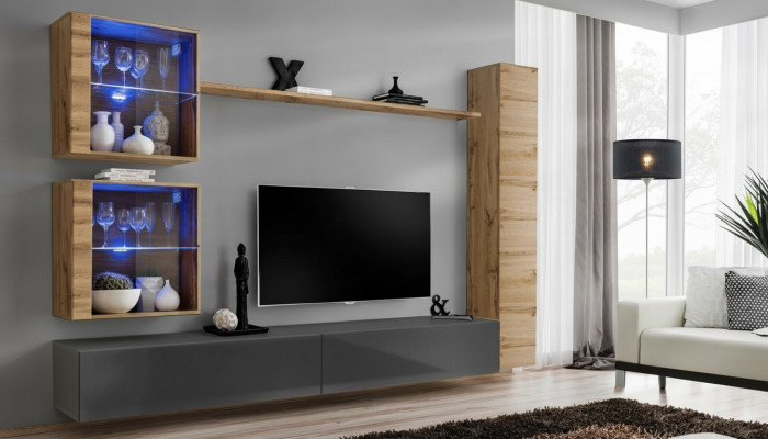 Muebles de lujo para sala de estar en color marrón, compuestos por 3 armarios de pared y un soporte para TV.