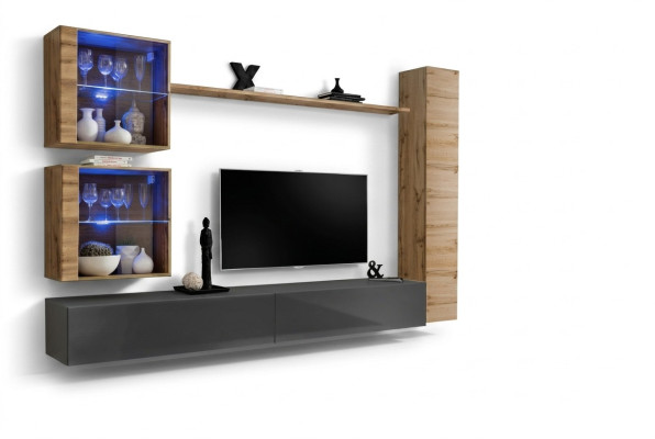 Muebles de lujo para sala de estar en color marrón, compuestos por 3 armarios de pared y un soporte para TV.