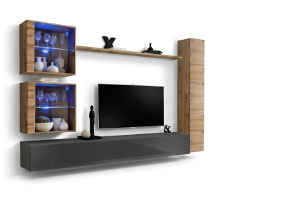 Muebles de lujo para sala de estar en color marrón, compuestos por 3 armarios de pared y un soporte para TV.