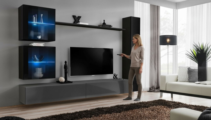 Lujo conjunto de diseño de pared para sala en negro, incluye 3 gabinetes de pared y soporte para TV.