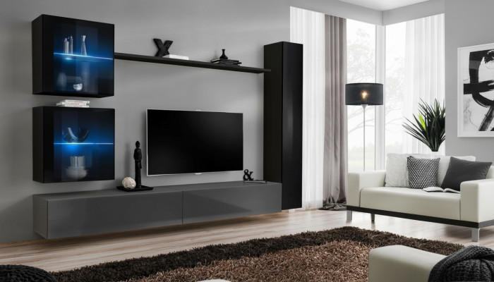 Lujo conjunto de diseño de pared para sala en negro, incluye 3 gabinetes de pared y soporte para TV.