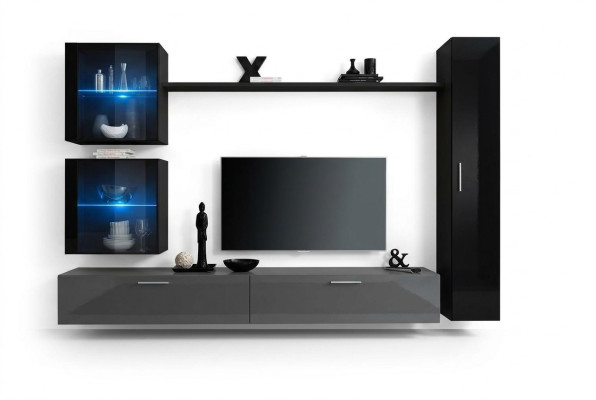 Lujo conjunto de diseño de pared para sala en negro, incluye 3 gabinetes de pared y soporte para TV.