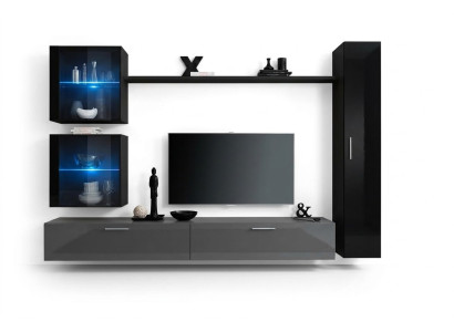 Lujo conjunto de diseño de pared para sala en negro, incluye 3 gabinetes de pared y soporte para TV.