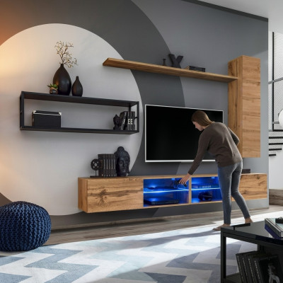 Mueble de salón de lujo en color marrón. Nuevo juego de muebles para sala de estar, incluye armario de pared y estantes.