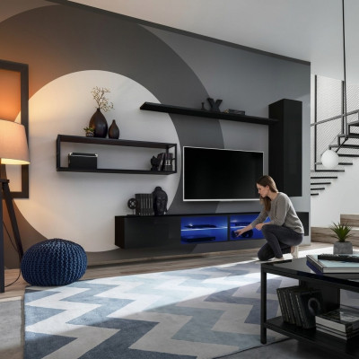 Conjunto de muebles de salón negro, estante de pared, estanterías de pared de lujo, nuevo