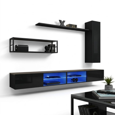 Conjunto de muebles de salón negro, estante de pared, estanterías de pared de lujo, nuevo