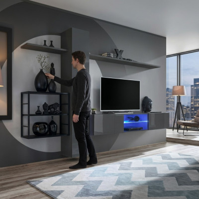 Muebles de salón, conjunto de pared de 270 cm, armario de pared, mobiliario gris de lujo, estanterías de pared.